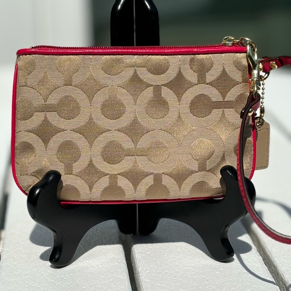 NWOT Coach Wristlet Tan Fabric Signature C Pattern with red leather trim & strap - Picture 9 of 11